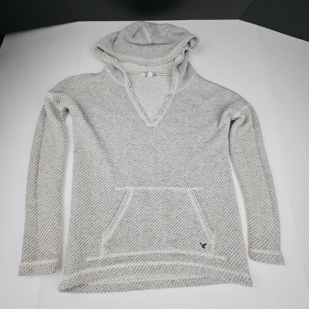American Eagle Grey White Knit Hoodie Poncho Beach Sweater XS 06979477782